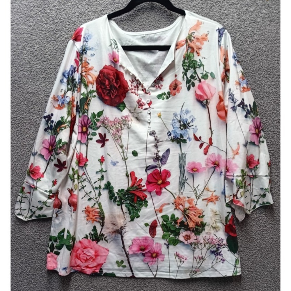 Floral Tunic Relaxed Blouse Women 4XL (fits 2-3XL) Botanical Stretch Romantic‎
